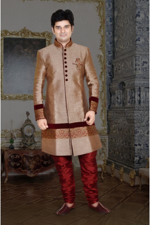 Designer Beige Maroon Red Indo Western Sherwani